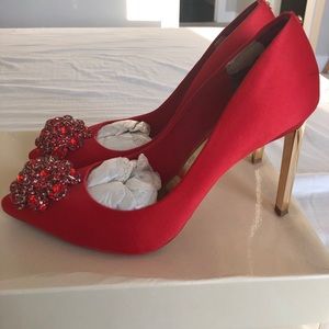 Ted Baker Peetch Satin Red Rhinestone Brooch Heels